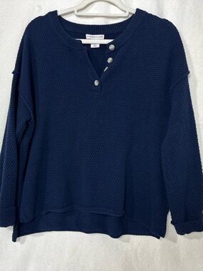 Sincerly Jules Navy Button Henley Waffle Knit Sweater